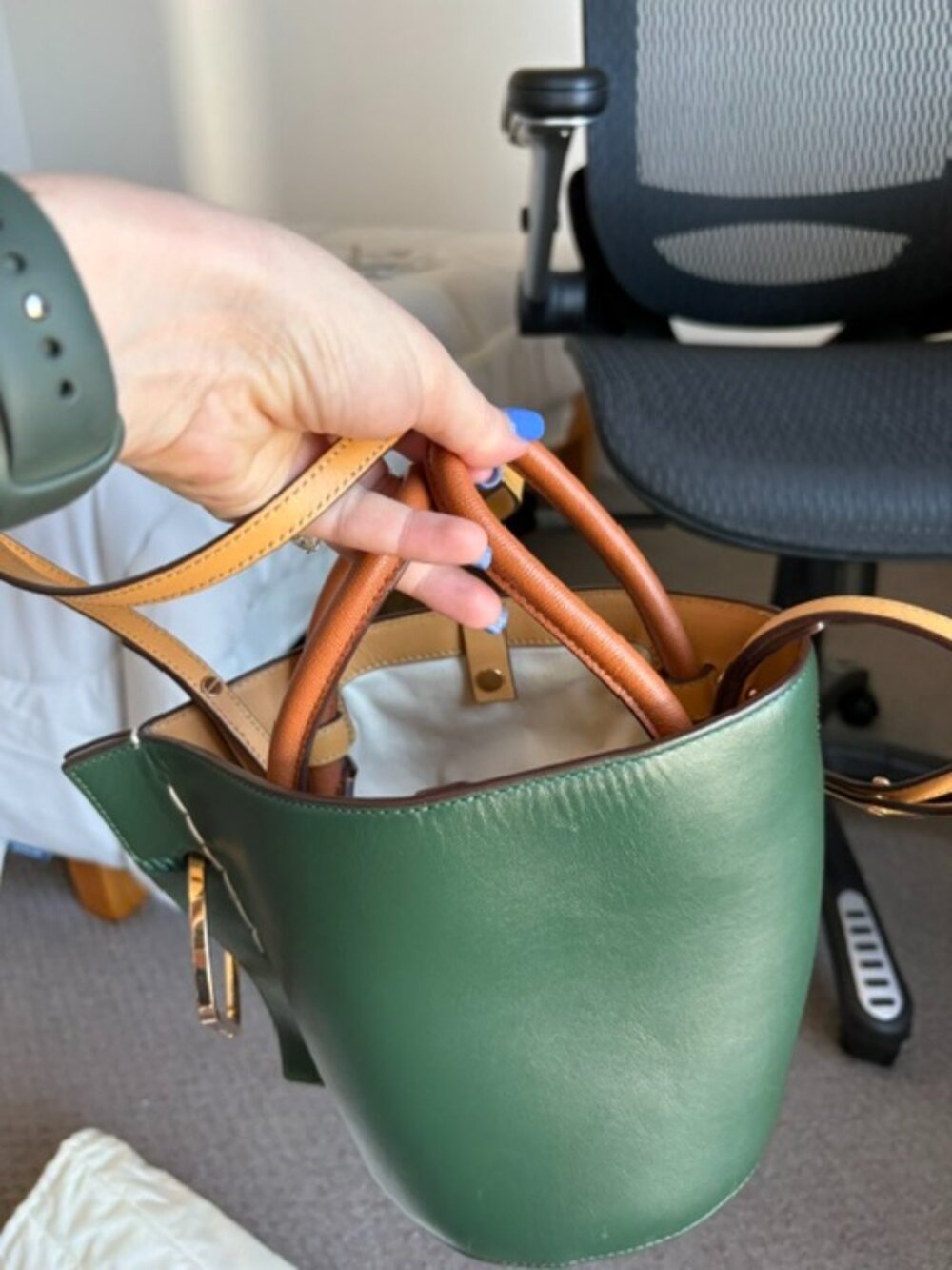 Danse Lente Bobbi Genuine Shearling Bucket Bag Green White Leather